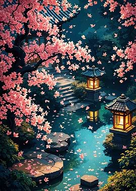 Japanese Garden with Cherry Blossoms