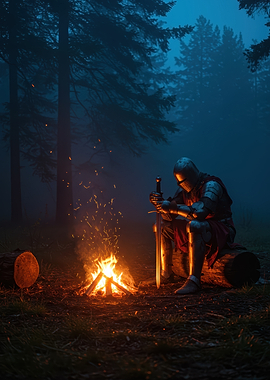 Knight by Campfire in Misty Forest