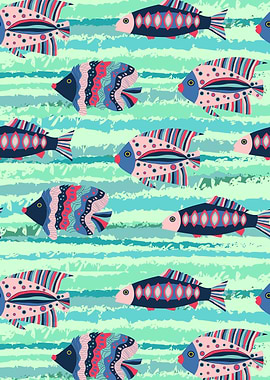 Colorful Fish Pattern on Striped Background