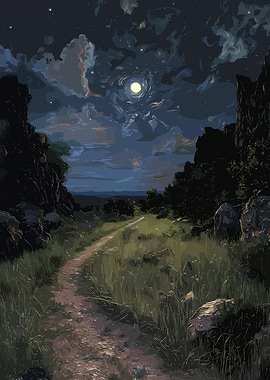 Moonlit Path Through Grassy Landscape