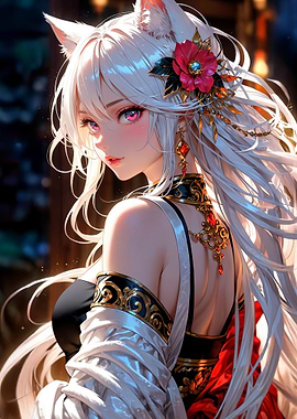 Anime Girl with Fox Ears and Flower