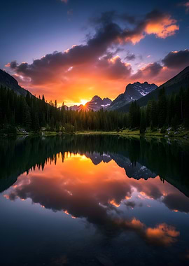 Lake Sunset Mountain Reflection