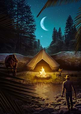 Night Camping Scene with Cowboy and Horse