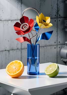 Metal Flowers in Blue Vase Still Life
