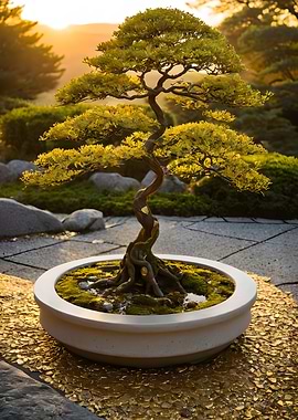 Bonsai Tree in Garden at Sunset