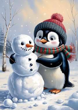 Penguin and Snowman Winter Scene
