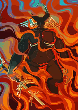 Winged Demon in Fiery Abyss