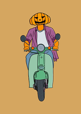 Pumpkin Head on Scooter Illustration