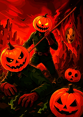 Pumpkin-Headed Figures in a Halloween Scene