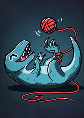 Cartoon Dinosaur Playing with Yarn Ball