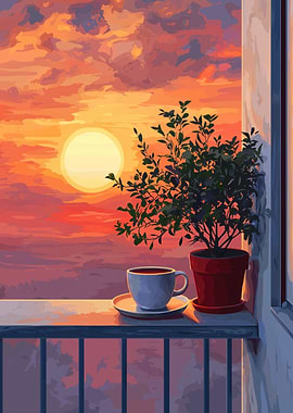 Balcony Sunrise with Coffee and Plant