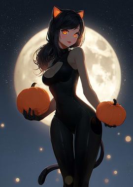 Anime Cat Girl with Pumpkins