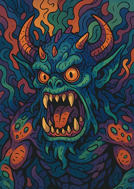 Colorful Demon Illustration with Open Mouth