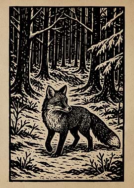 Fox in Forest Woodcut Illustration