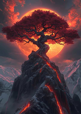 Volcanic Tree Under Fiery Sky