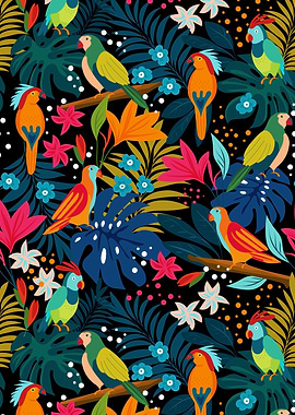 Tropical Parrots and Foliage Pattern