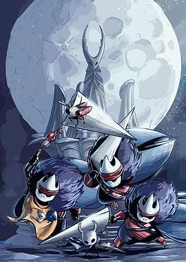 Hollow Knight characters under the moon