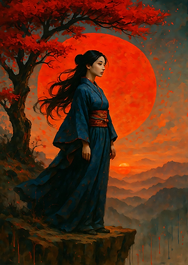 Woman in Kimono with Red Moon