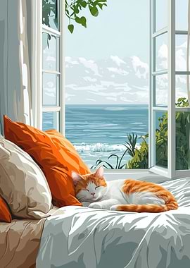Sleeping Cat by the Open Window