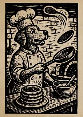 Dog Chef Flipping Pancakes Illustration