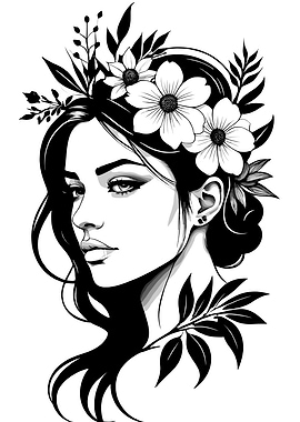 Woman with Flowers Black and White