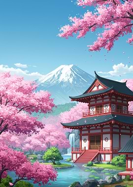 Japanese Temple with Cherry Blossoms