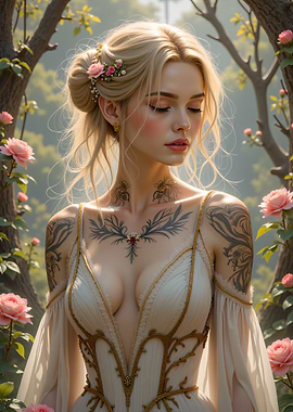 Blonde Woman with Tattoos and Roses