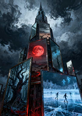 Tower of framed landscapes under stormy sky