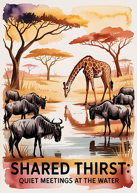 Watercolor African Wildlife at Watering Hole