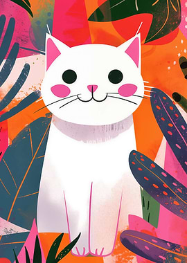 Cute White Cat with Colorful