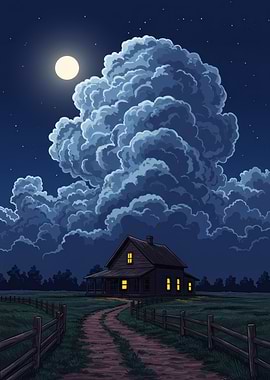 Nighttime Farmhouse Under a Full Moon