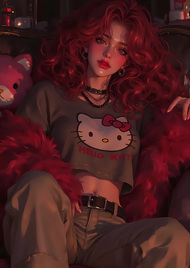 Red-haired girl with Hello Kitty shirt