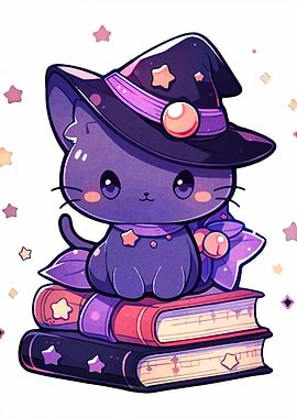 Cute Witch Cat on Books