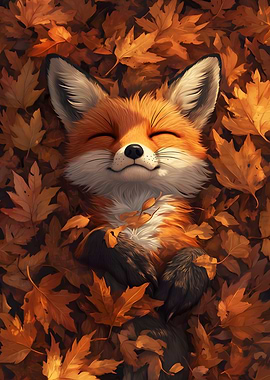 Fox Sleeping in Autumn Leaves