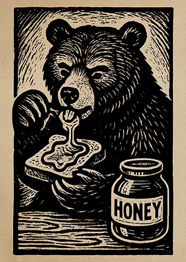 Bear eating honey on toast illustration