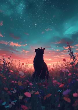 Black cat gazing at starry sky