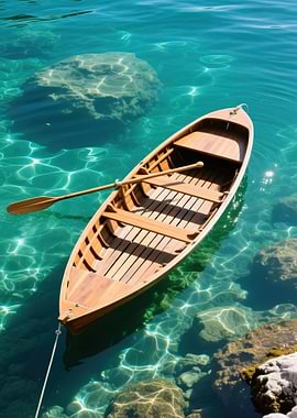 Wooden Boat on Clear Turquoise Sea Water