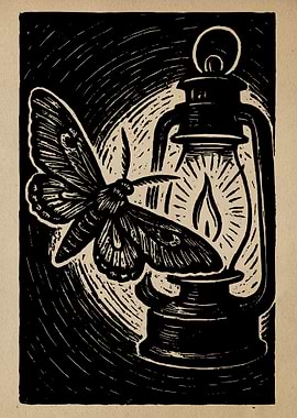 Moth and Lantern Linocut Print Vintage