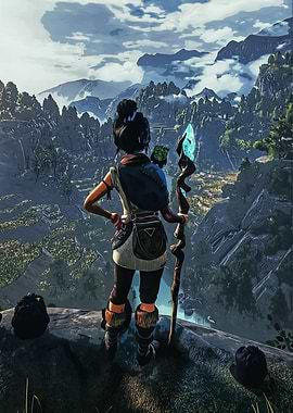 Woman with Staff Overlooking Mountain Landscape