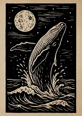 Whale breaching at night linocut art