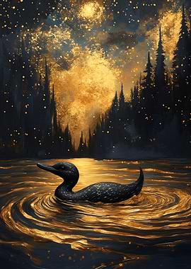 Loon in Golden Lake at Night