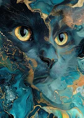 Abstract Cat Portrait with Gold Accents