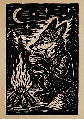 Fox by Campfire Drinking Tea