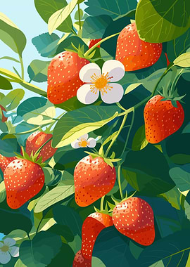 Strawberry Plant with Flowers and Berries