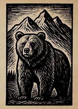 Bear and Mountains Woodcut Illustration