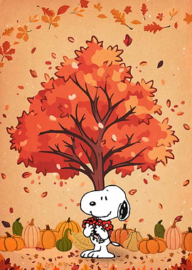 Snoopy with Autumn Tree and Pumpkins