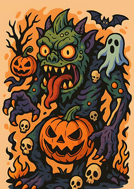 Halloween Monster with Pumpkins and Ghost