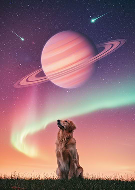 Dog Gazing at Space Aurora