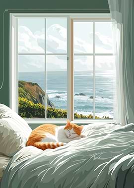 Sleeping Cat by the Ocean Window