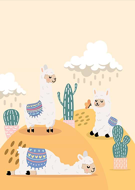 Cute Llamas in Desert Landscape Illustration